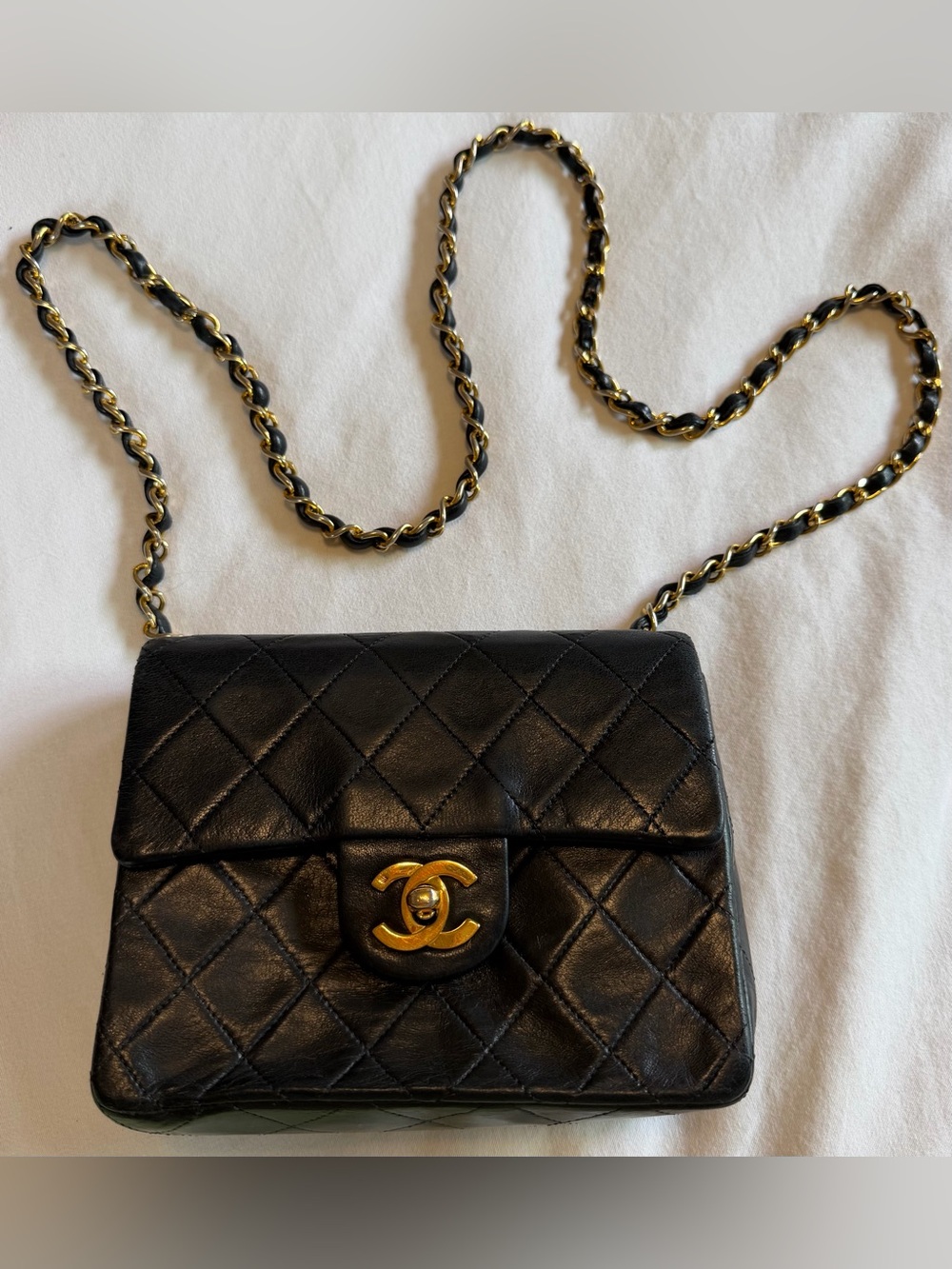 Authentic Chanel Mini Flap Bag Black Quilted Lambskin Gold Hardware Vintage